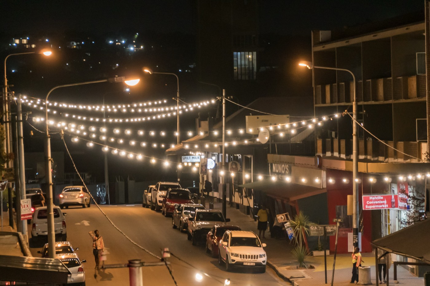 String lights over 7th Street, Melville, at night